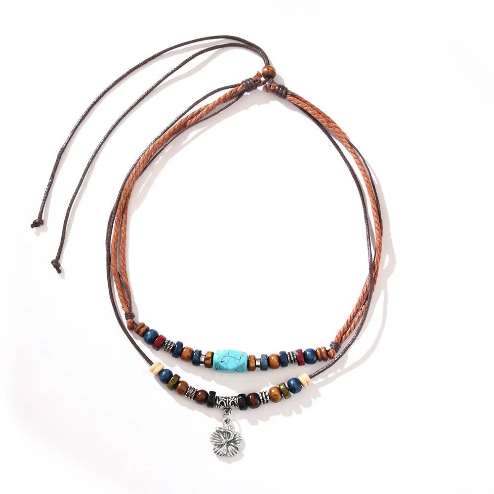 Men's wooden bead necklace with turquoise wax rope and alloy geometric flower pendant