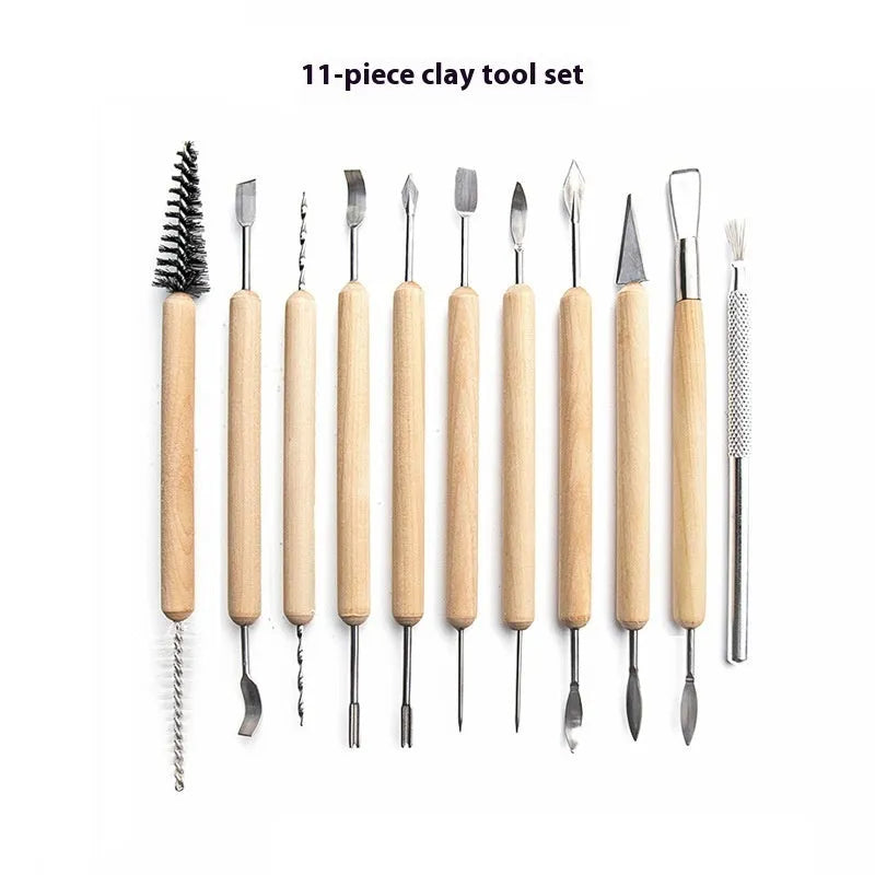 11-piece clay pottery tool set with wooden handles and stainless steel working ends