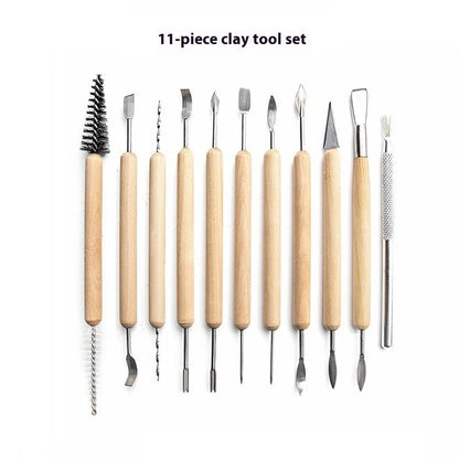 11-piece clay pottery tool set with wooden handles and stainless steel working ends
