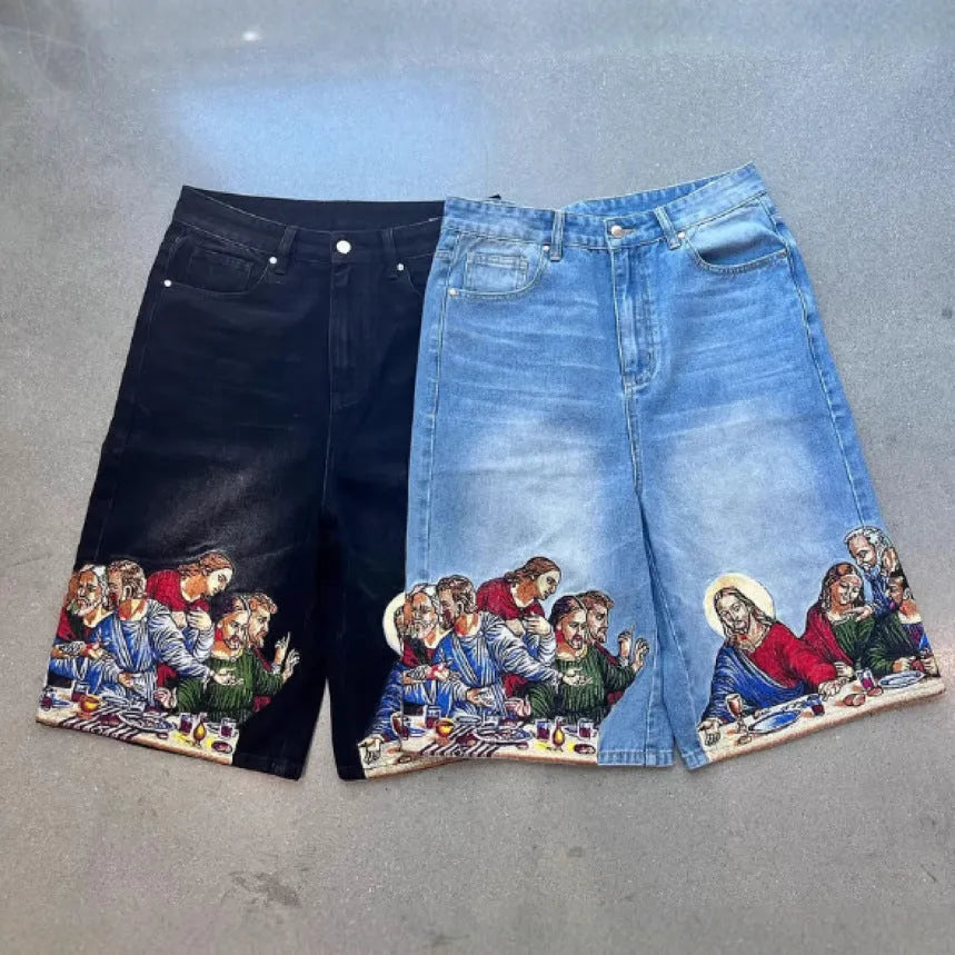 Blue tapered cotton shorts with Jesus print on back pocket