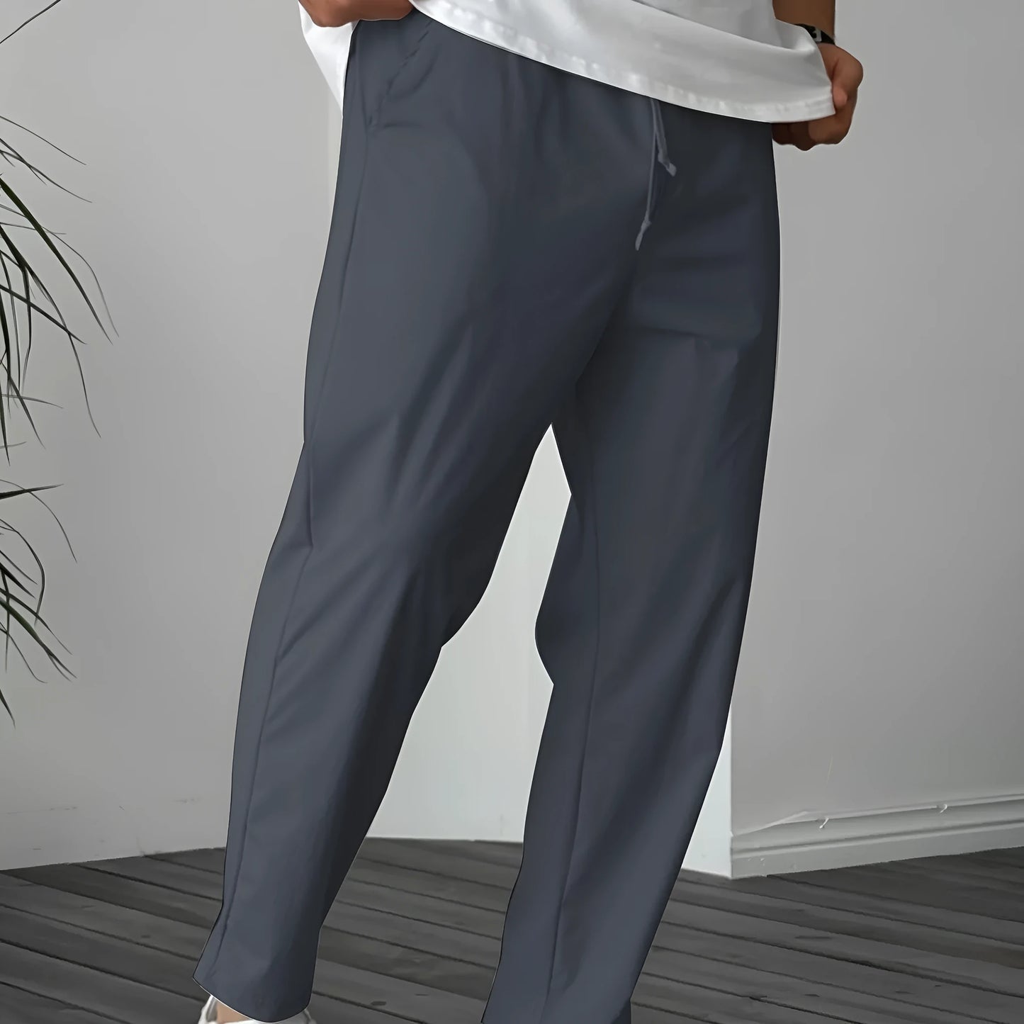 Men's khaki drawstring trousers with ribbon-trim pockets and straight-leg fit