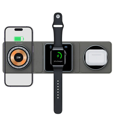 Transparent acrylic Magsafe magnetic wireless charging stand with black accents for three-device charging