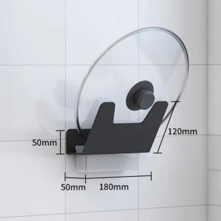 Black aluminium wall-mounted kitchen shelf with chopstick holder, lid rack, tool holder, and glue frame.