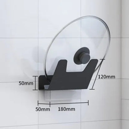 Black aluminium wall-mounted kitchen shelf with chopstick holder, lid rack, tool holder, and glue frame.