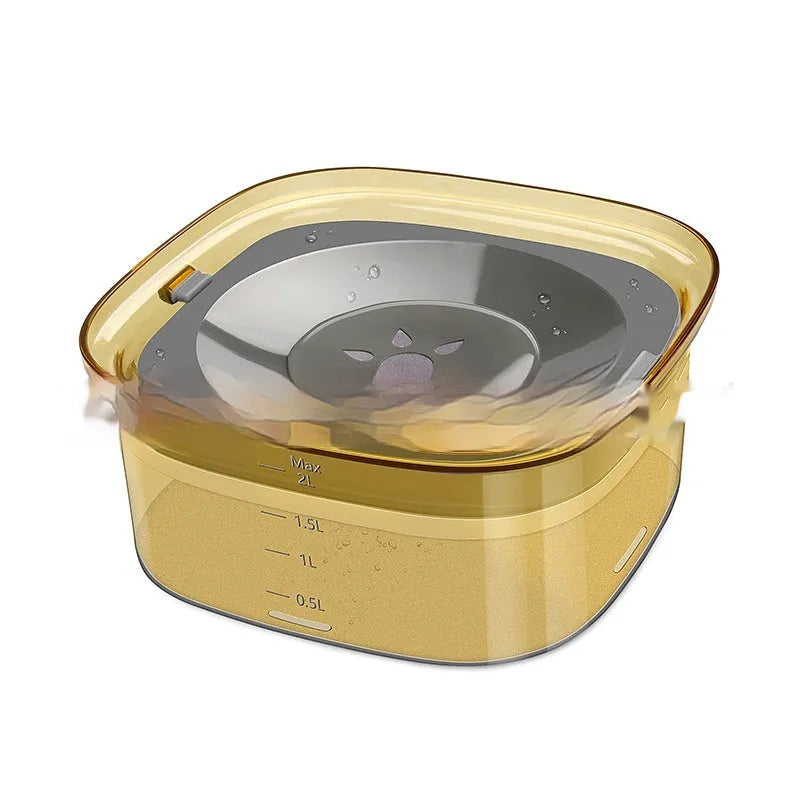 Transparent 70oz dog water bowl with floating disk, showing water level indicator and non-slip base