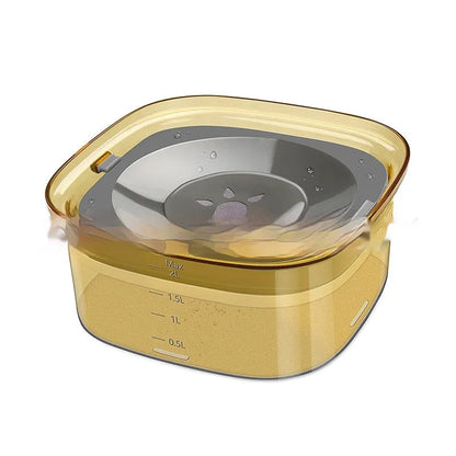 Transparent 70oz dog water bowl with floating disk, showing water level indicator and non-slip base