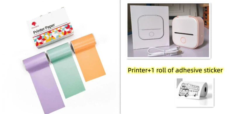 Compact Bluetooth-enabled thermal label printer in white, pink, and green colors with various label options