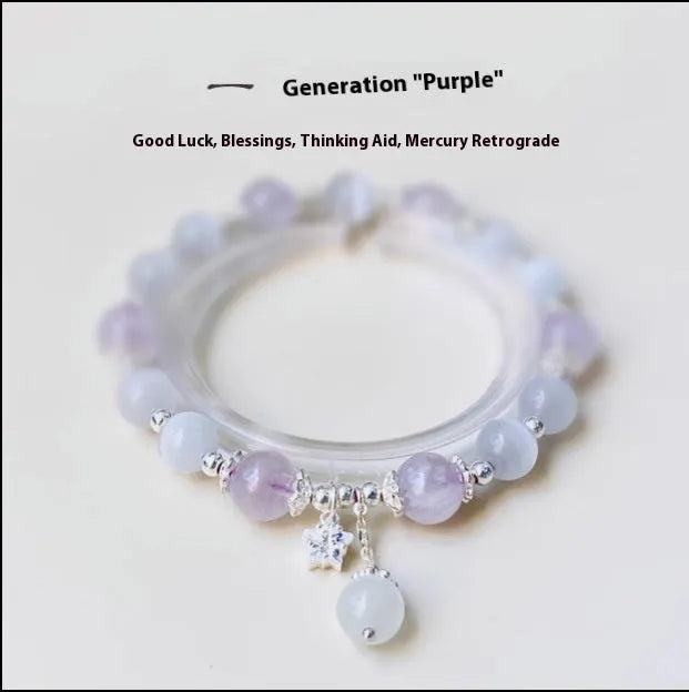 Moon-shaped women's bracelet with large opal amethyst crystal beads on wrist.