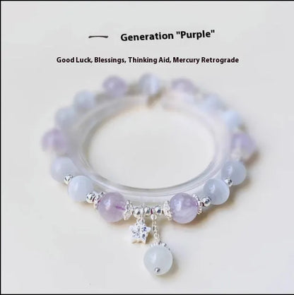 Moon-shaped women's bracelet with large opal amethyst crystal beads on wrist.
