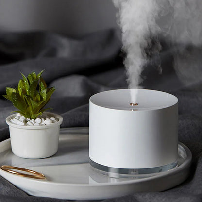 White portable ultrasonic humidifier with LED light and USB charging port on a wooden surface.