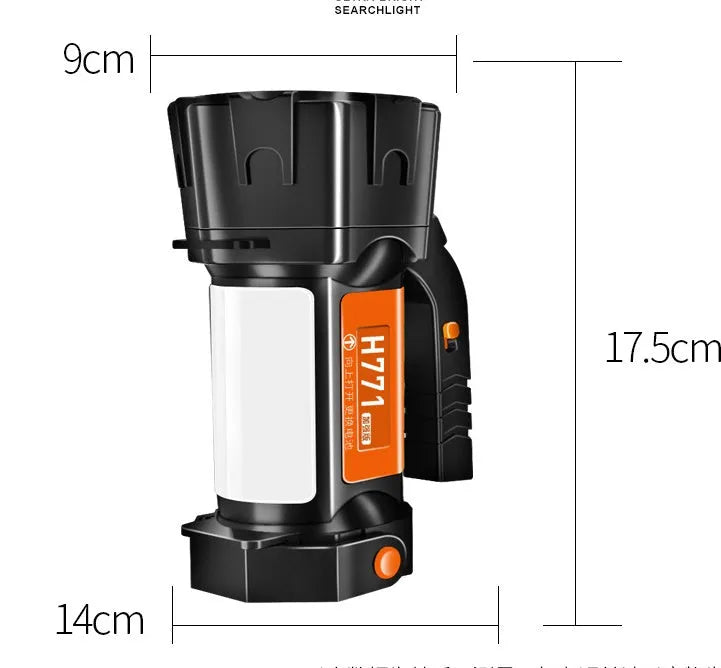 H771 portable LED searchlight in orange or green with shoulder strap and removable battery.