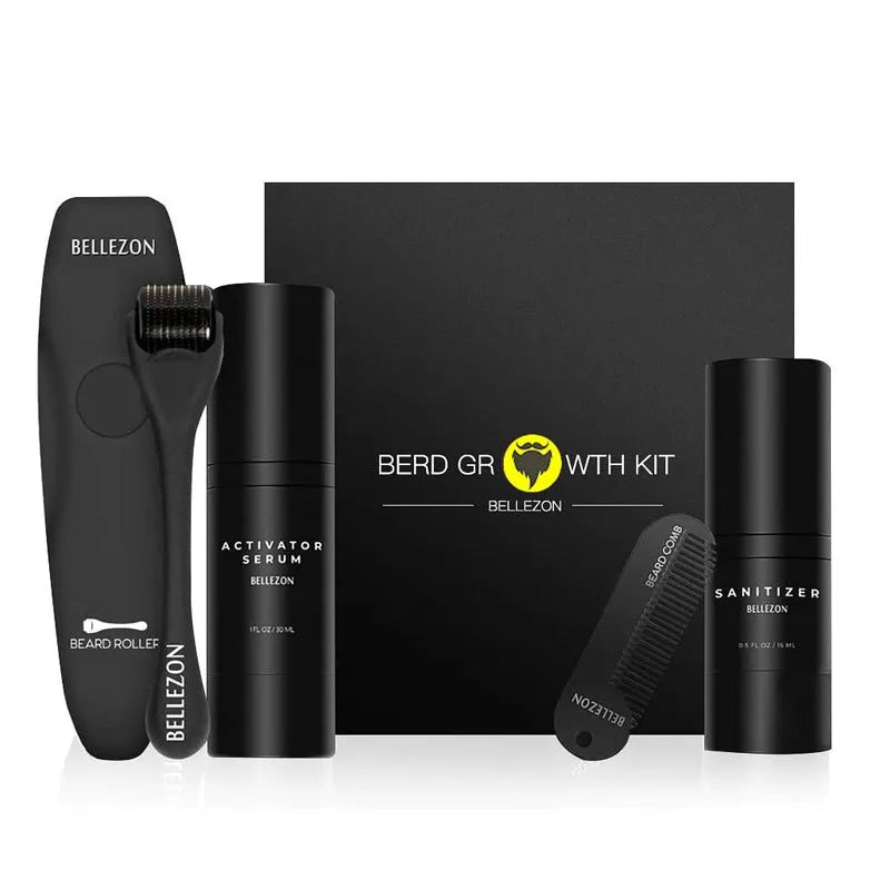Beard care kit with 30ml growth solution, 15ml disinfectant, titanium alloy roller and zinc alloy comb, 21.2x21x4.9cm
