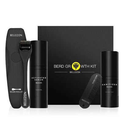 Beard care kit with 30ml growth solution, 15ml disinfectant, titanium alloy roller and zinc alloy comb, 21.2x21x4.9cm