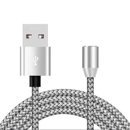 Black magnetic charging cable with connectors for Android, Type C, and Apple devices on a white background