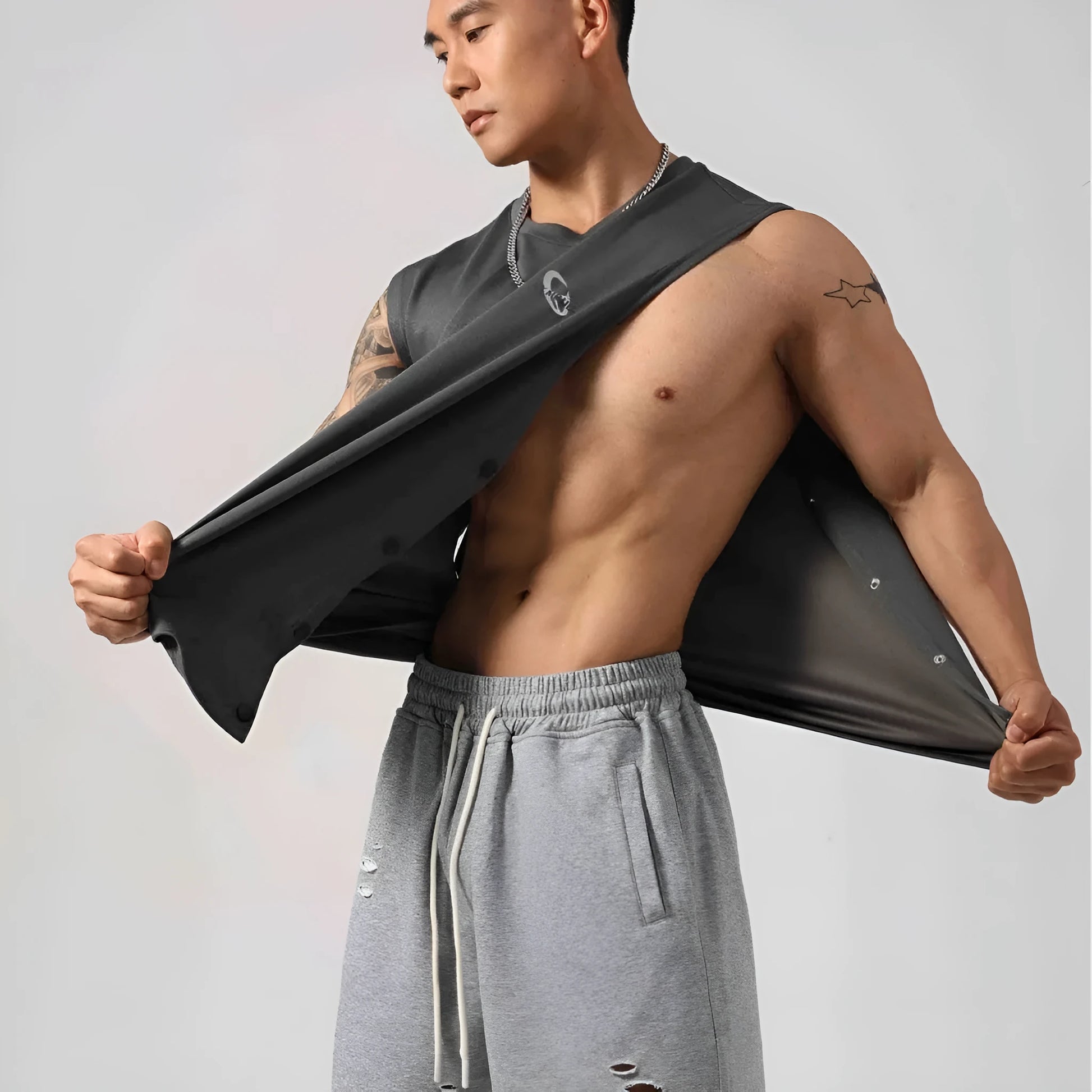 Korean style men's loose fitness vest with hidden hook design in solid colour
