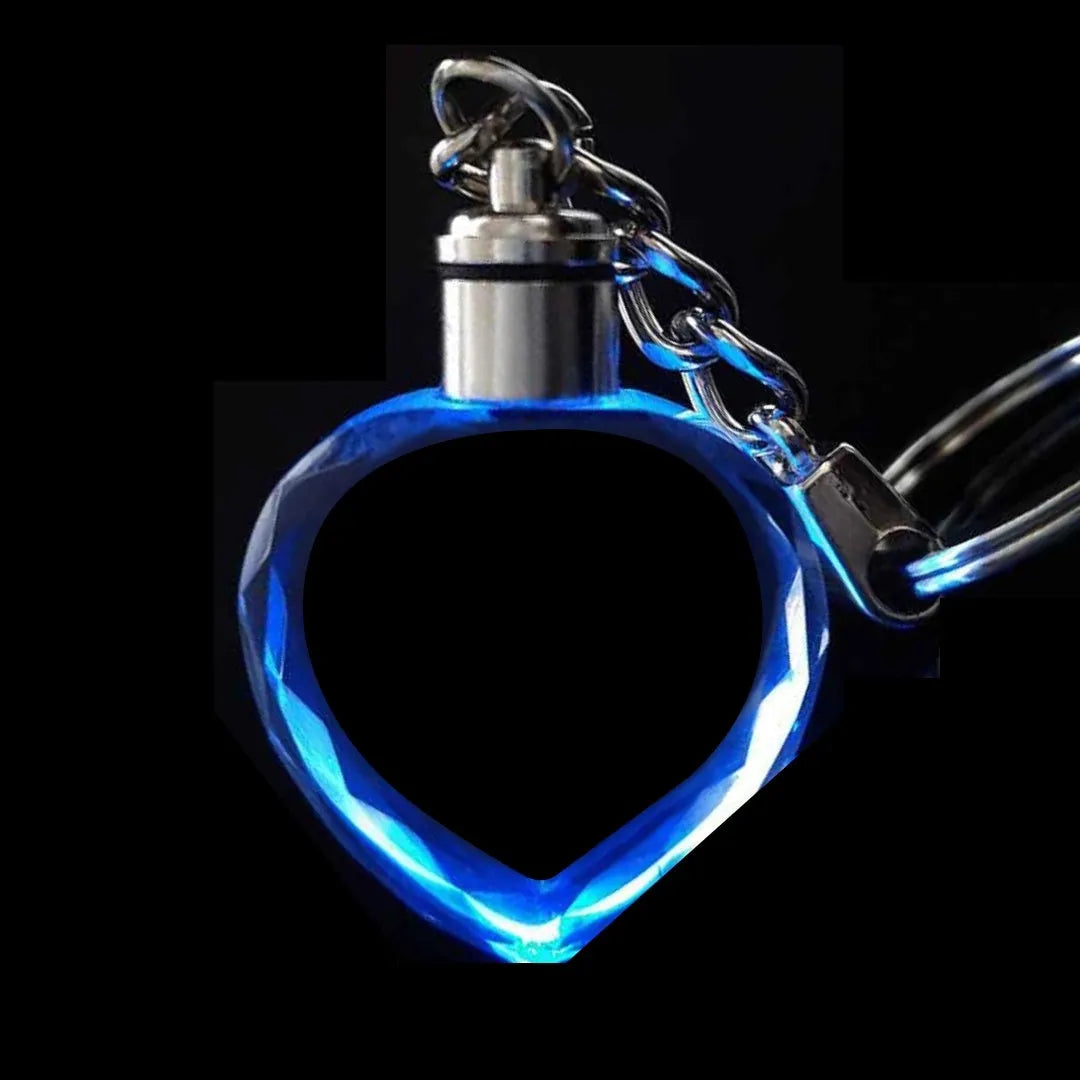 Custom laser-etched crystal photo keychain with internal colourful LED light activated, showing a personalised image.