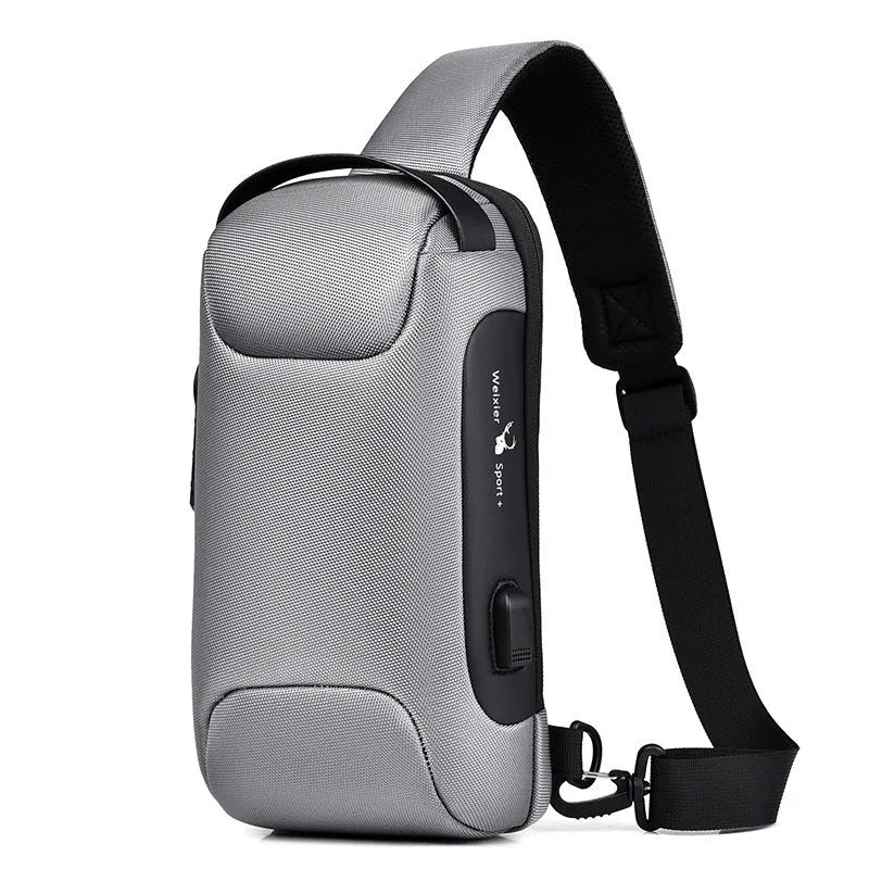 Men's waterproof Oxford crossbody sling bag in camouflage colour showing front zipper and strap.
