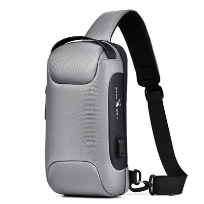 Men's waterproof Oxford crossbody sling bag in camouflage colour showing front zipper and strap.