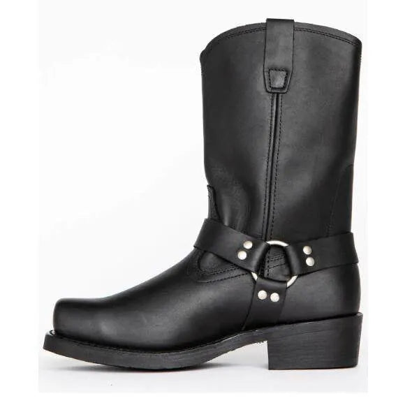 Men's brown cowboy boots with silver buckle ring detail on high-top leather design