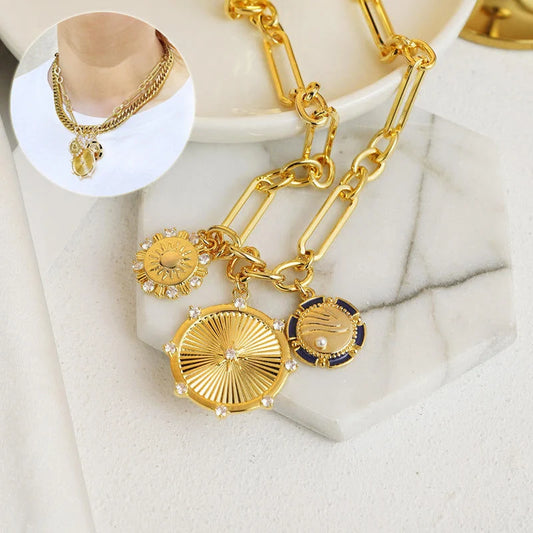 Gold sun pendant necklace with adjustable stainless steel chain