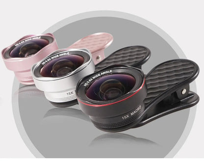 Mobile phone wide-angle and macro lens kit with universal clip in Black Silver Rose Gold colours