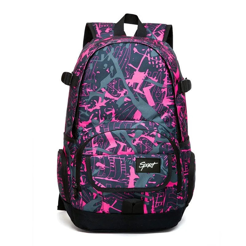 Blue nylon backpack showing front organisational pockets, side water bottle holder, and adjustable shoulder straps