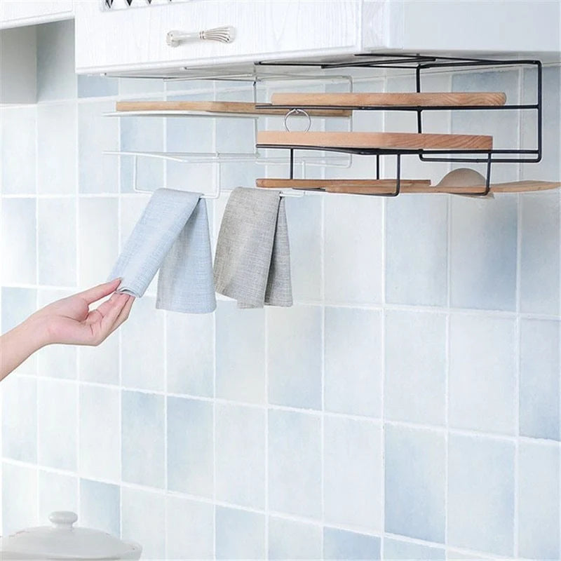 Double layer iron kitchen towel rack with chopping board storage