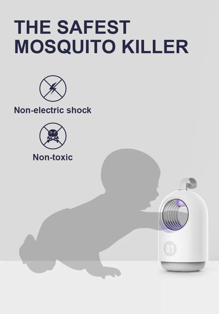 White or blue indoor mosquito killer lamp with UV light, a fan, and a silicone carry handle.
