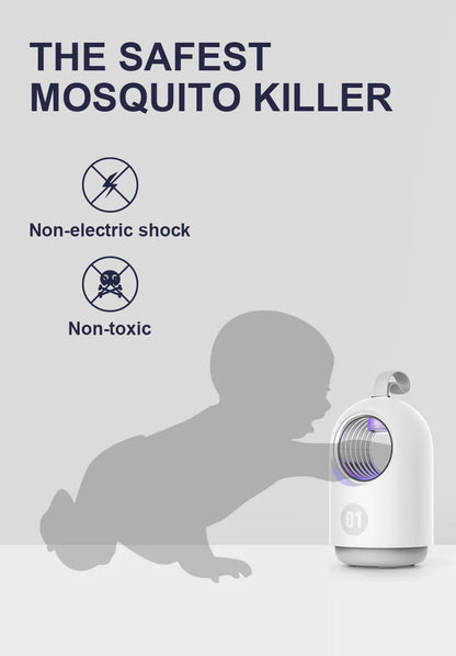 White or blue indoor mosquito killer lamp with UV light, a fan, and a silicone carry handle.