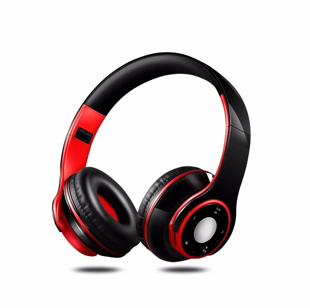 Foldable wireless Bluetooth headphones in blue showing adjustable hinges and 3.5mm cable connection