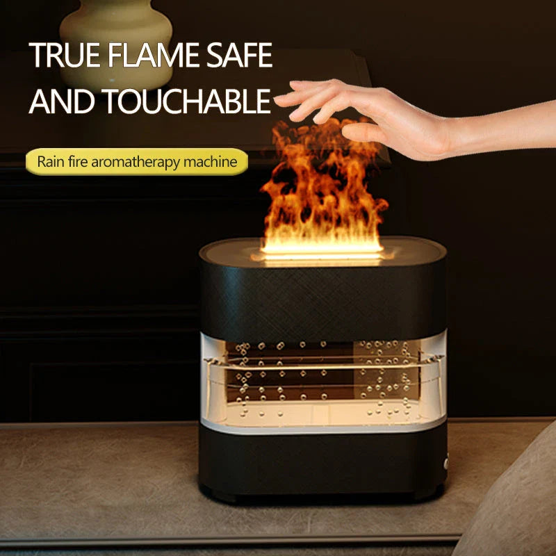 Premium Aroma Diffuser with realistic flame, rain simulation, and customizable LED lights for a relaxing atmosphere