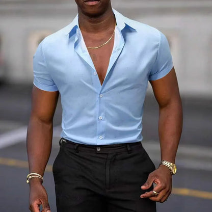 Light blue men's short-sleeved casual shirt with a floral pattern and stretch fabric.