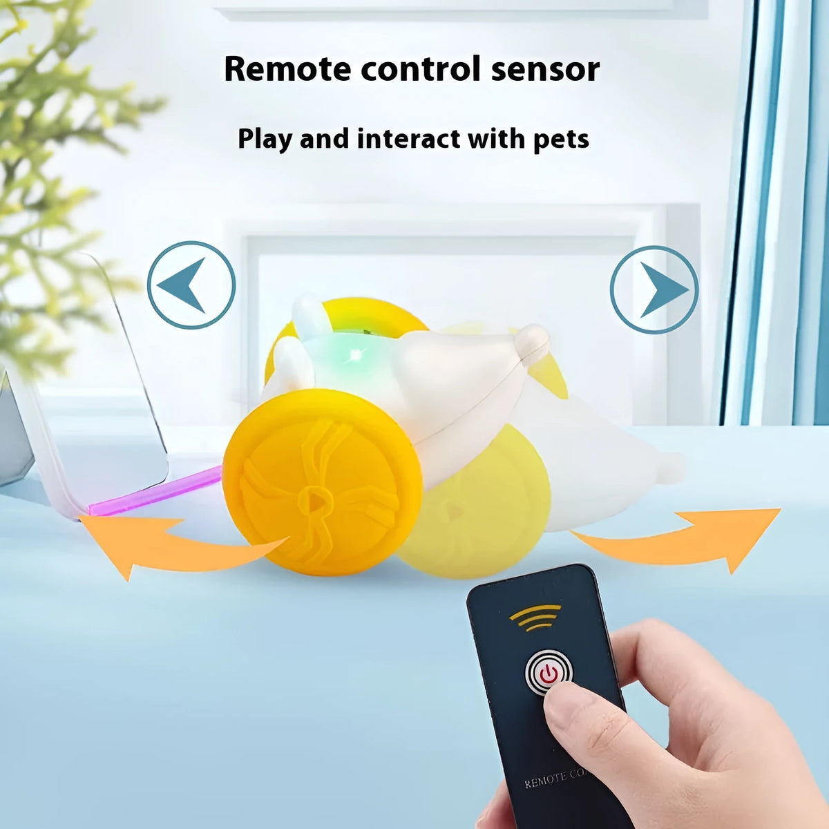 Blue and yellow electric cat toy mouse with remote control and charging cable for interactive pet play