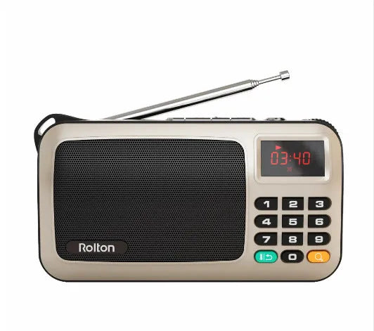 Rolton W405 portable FM radio MP3 speaker in gold, blue, or red with LED screen and carrying strap