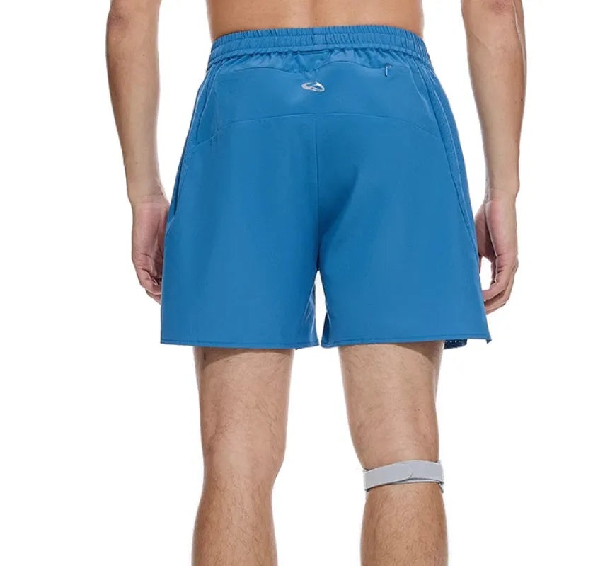Men's black and blue stretch running shorts with laser punch stitching detail on the legs.