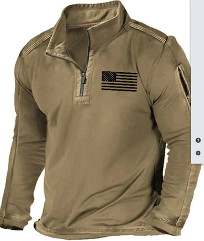 Men's zip-front sweater with stand collar in polyester fibre, showing full-length zip and long sleeves