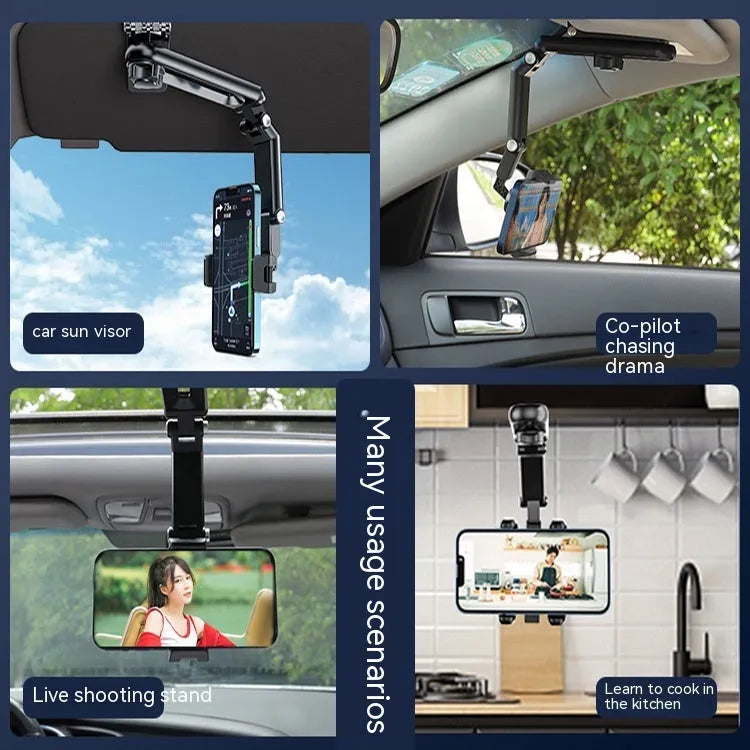 Car multi-function mobile phone bracket holder with one-clip stable design for windscreen and dashboard mounting, available in black and green or black and grey colour combinations for universal phone compatibility