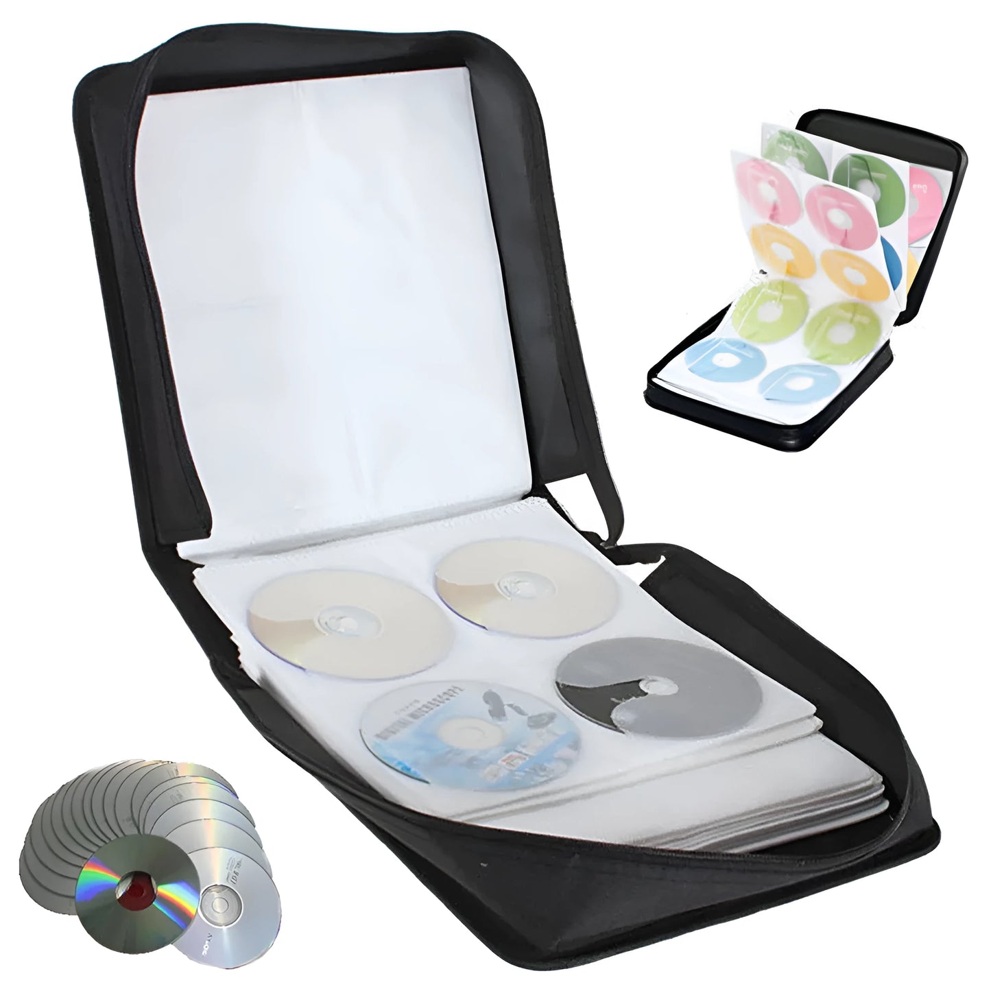 Black Oxford fabric CD and DVD storage organiser case with top carry strap and zipper closed.