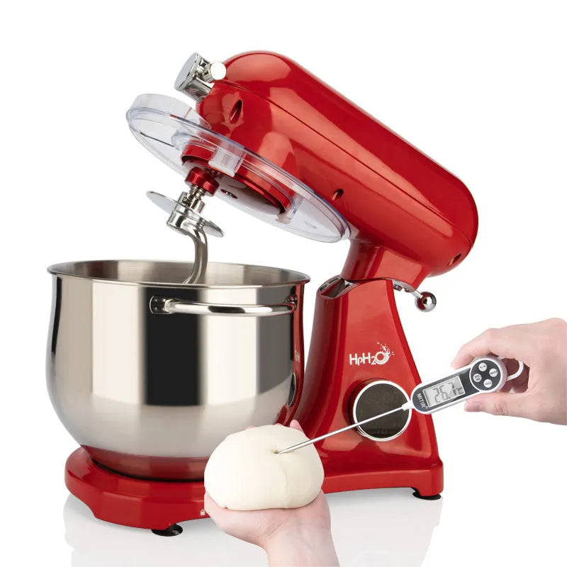 Red 1800W stand mixer with 8L stainless steel bowl, metal body, digital control, and three mixing attachments.