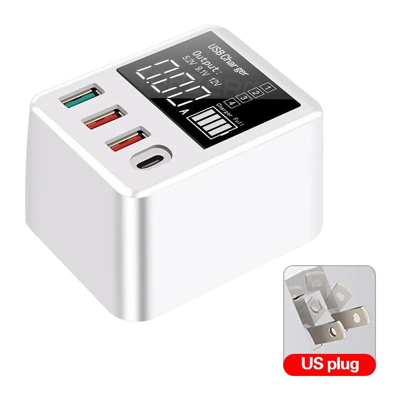 White 4-port USB travel wall charger with LED display and UK plug for fast charging phones and tablets.