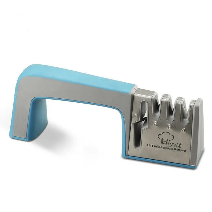Four-in-one kitchen knife sharpener with 304 stainless steel body and ABS/TPR handle in black colour