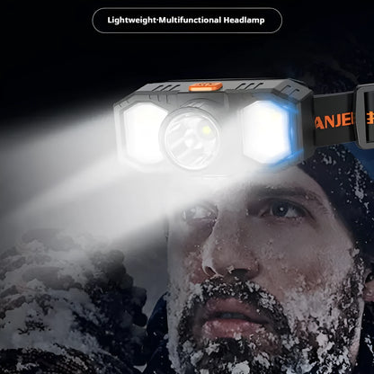 White USB rechargeable headlamp with adjustable headband and integrated LED light.