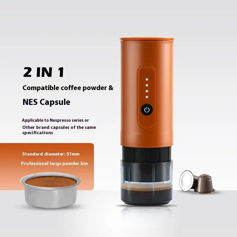 Portable stainless steel coffee machine with car charger power cord in Jungle Green colour.