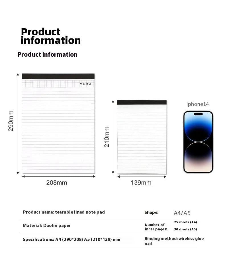 A4 tearable notebook showing grid paper pages and wireless adhesive binding for clean sheet removal