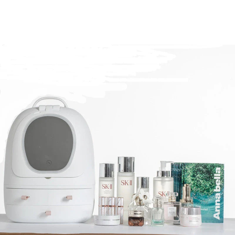 Adjustable dual-sided makeup mirror with LED lighting and cosmetic storage drawers
