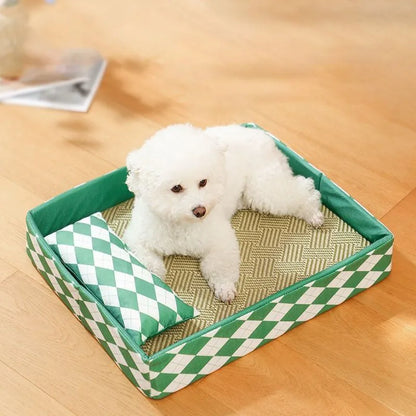 A natural rattan cat litter mat and pet bed in blue, shown in a size suitable for a cat.