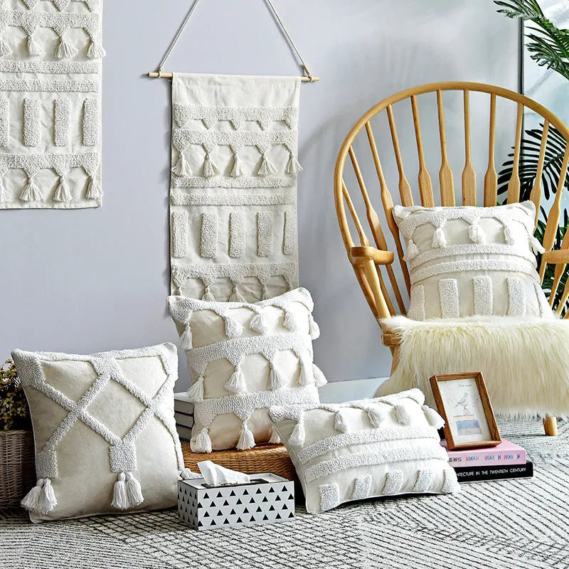 Nordic style tufted geometric throw pillow cover in cotton linen blend on a grey sofa