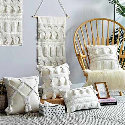 Nordic style tufted geometric throw pillow cover in cotton linen blend on a grey sofa