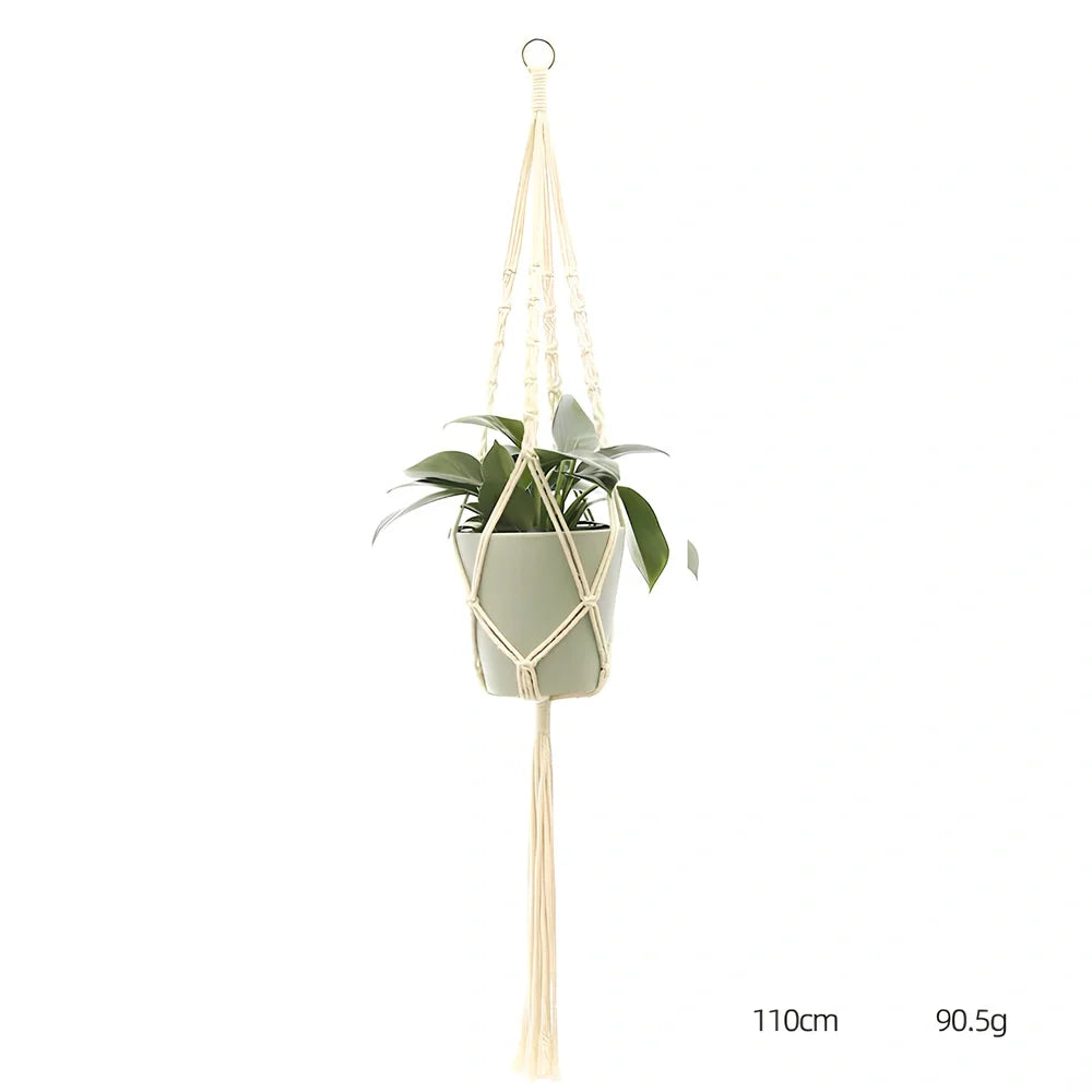 Hand-knitted cotton flowerpot net bag showing intricate pattern and hanging installation with plant