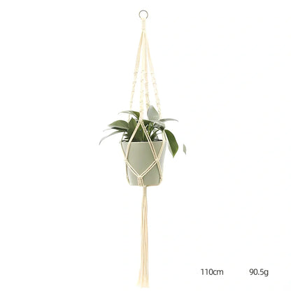 Hand-knitted cotton flowerpot net bag showing intricate pattern and hanging installation with plant